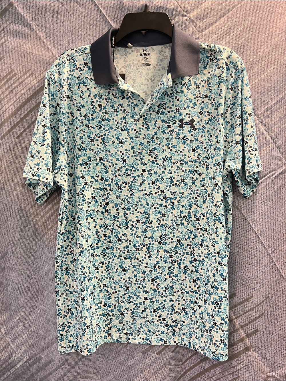 BNWT Under Armour Men’s Aqua Floral Polo with Navy Collar